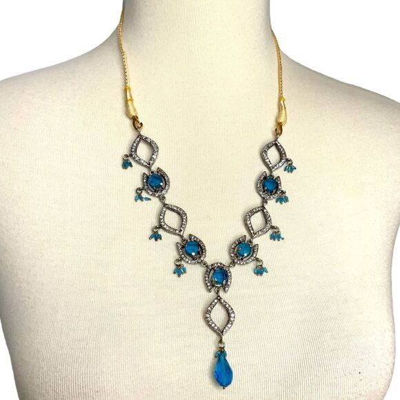 Rhinestone blue silver tone adjustable necklace - Picture 1 of 10
